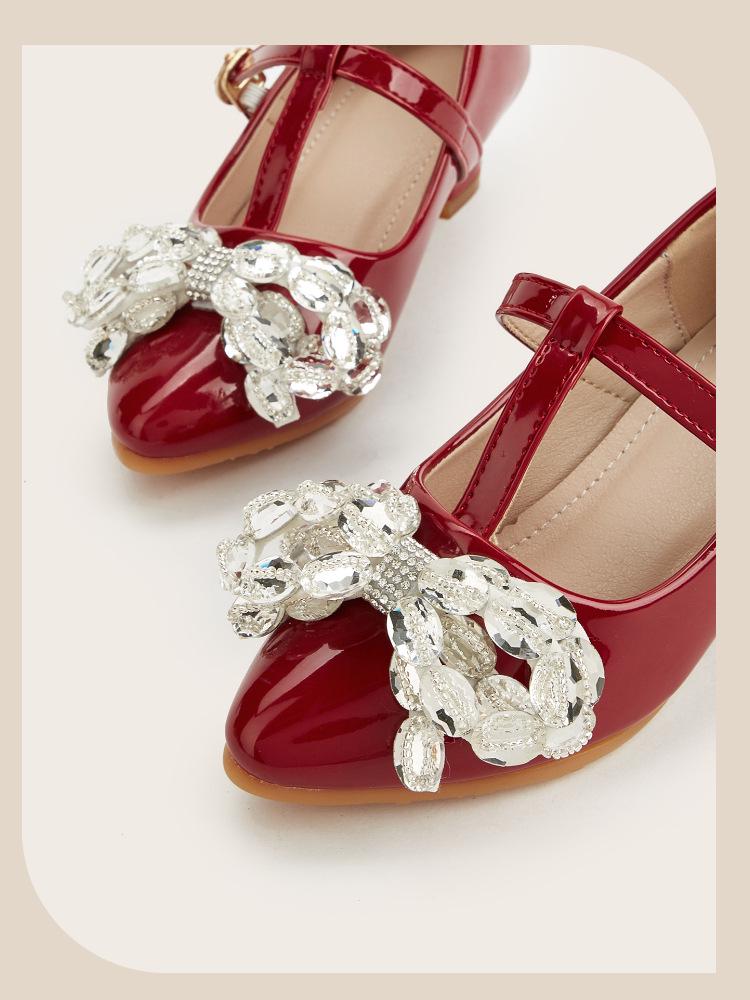 2025 Winter Crystal Flower Bow High Heels for Girls - Pointed Toe Leather Shoes for Small and Medium Children