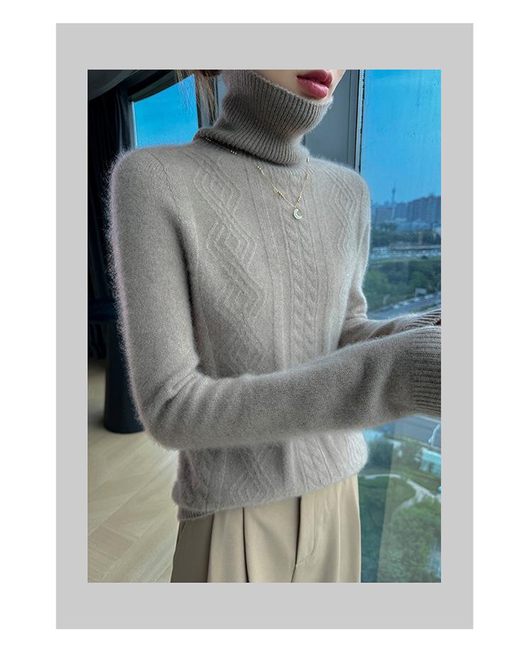 Women's High Neck Cable Knit Wool Sweater - Slimming Long Sleeve Cashmere Top
