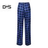 Women Pants High Elastic Waist Drawstring Wide Leg Loose Contrast Color Plaid Print Casual Soft Breathable Pockets Full Length Lady Long Trousers