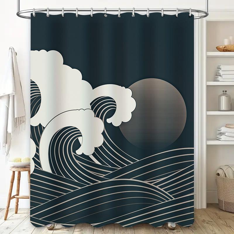 Black White Ocean Wave Shower Curtain Modern Design For Bathroom Decorations Size Customizable For Tub Or Bathtub