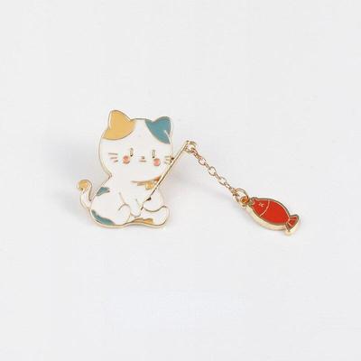 Kawaii Fishing Kitten Badges Cartoon Cat Full Metal Brooches Clothing Apparel Decoration Schoolbag Cosmetic Bag Pins