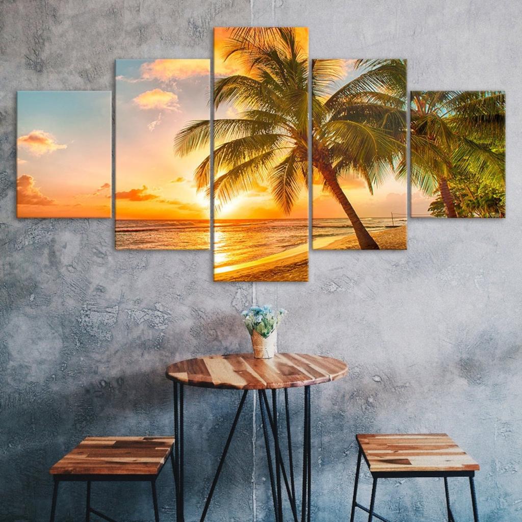 Tropical Beach Paradise Sunset Canvas 5 Piece Five Panel Wall Print Modern Art Poster Picture Home Decor Gift For Him For Her