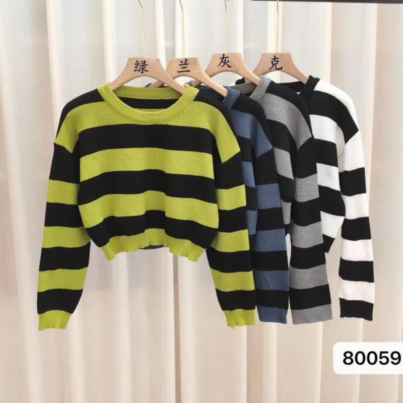 Autumn and Winter Women's Retro Style Outerwear Short Knit Sweater Top High Waisted Contrasting Striped Sweater Top