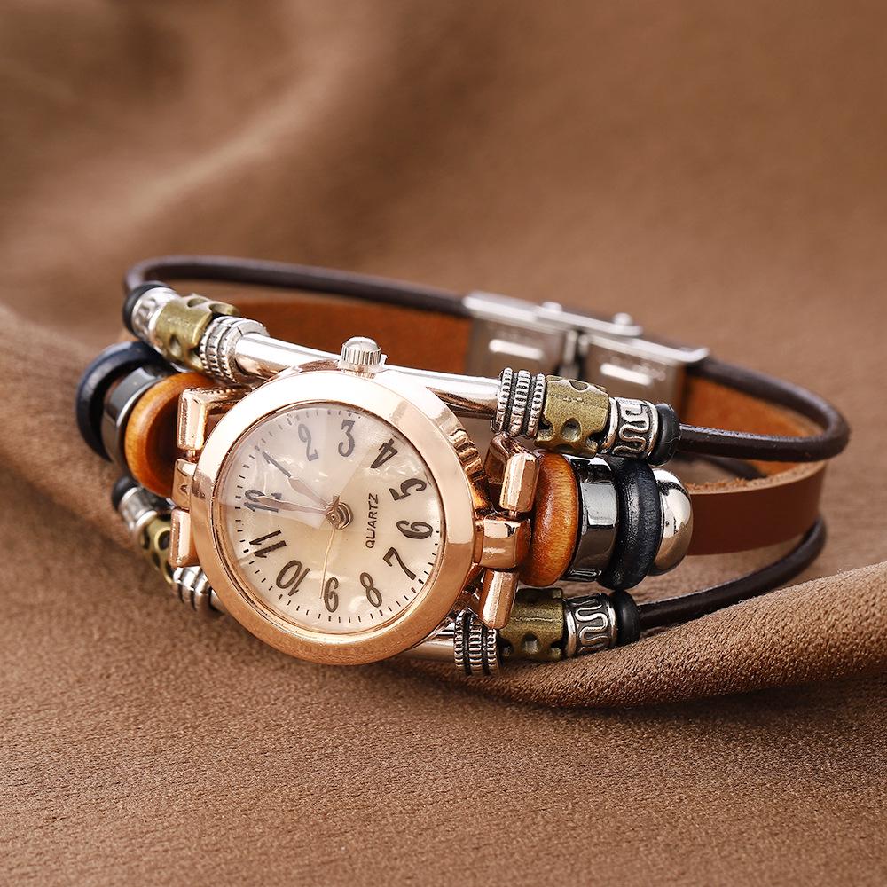 Retro Multi-Style Cowhide Quartz Bracelet Watch - Handmade Multi-Layer Stainless Steel Circle Jewelry