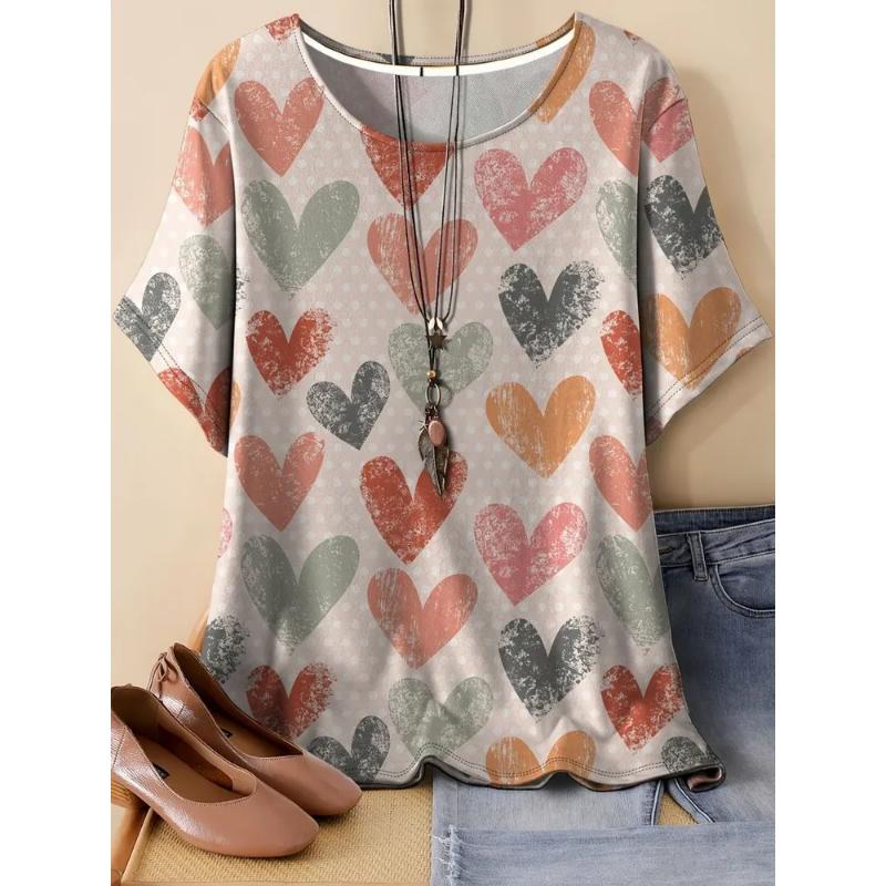 Fashion Women's Clothing Crew Neck Short Sleeve 3D Love Color Printing Love Short Sleeve Crew Neck T-Shirt