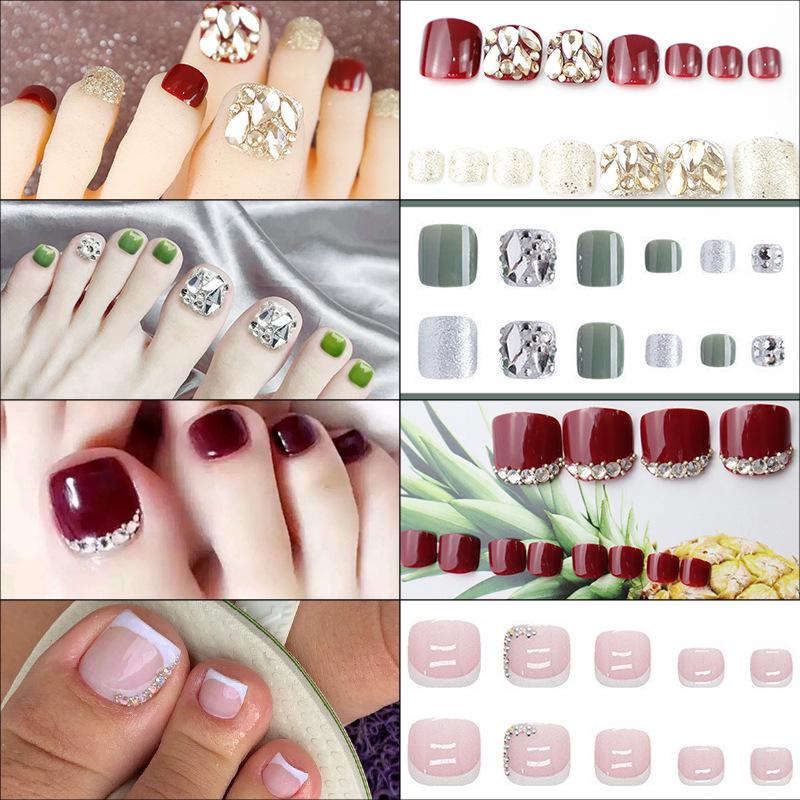 

Avocado Green Sparkly Diamond Toenail Tips - Removable Short Wearable Manicure Patches