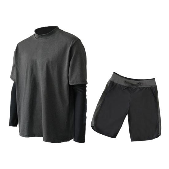 2 Pcs/Set Unisex Swimsuit Set Long Sleeves Quick-drying Fake Two-Piece Top Loose High Elasticity Adjustable Waist Couple Surfing Diving Clothes