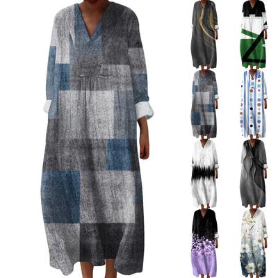 Rochie Casual și la Modă cu Gât în V, cu Mâneci Lungi, cu Imprimeu, Rochie cu Mâneci Lungi