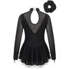 Girls Figure Skating Dance Costume Long Sleeve Rhinestone Patchwork Hollow Back Dress Hair Band