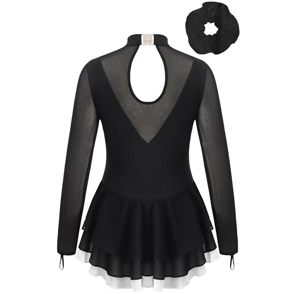 Girls Figure Skating Dance Costume Long Sleeve Rhinestone Patchwork Hollow Back Dress Hair Band