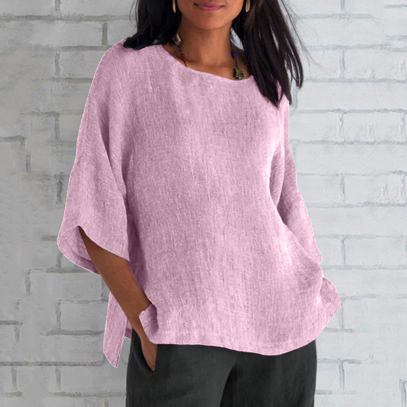 

Женская мода с половиной рукавом и круглым вырезом, однотонная свободная повседневная рубашка-топ XL розовый