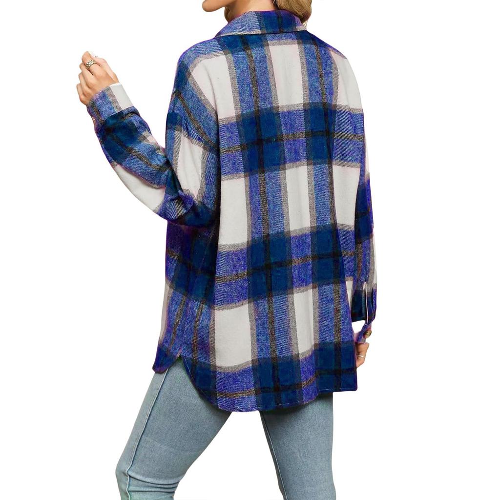 Women's Checkered Button Long Sleeved Loose Casual Shirt Jacket