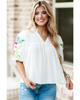 Azura Exchange White Floral Embroidered Puff Sleeve Notched Neck Blouse