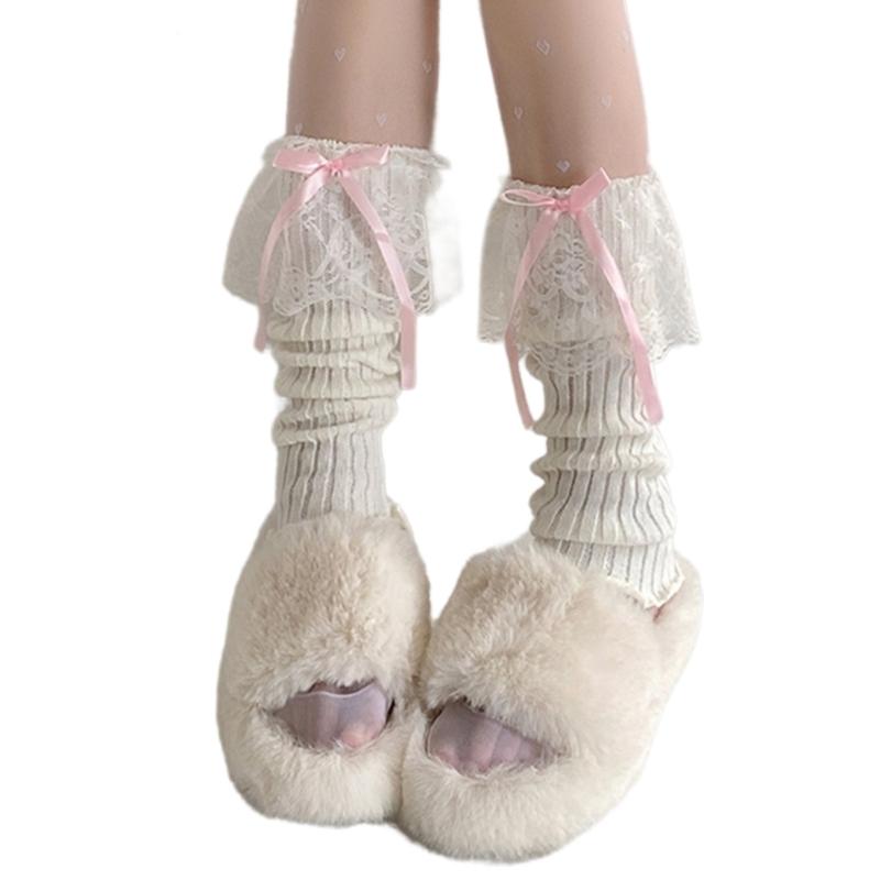 Elegant Ribbed Knit Stretch Leg Warmers Boot Cuffs Ruffled Lace Trim Bowknot Leg Cover Over Calf Long Socks for Women