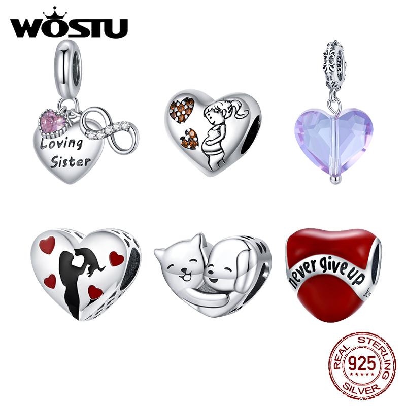 WOSTU Hot Sale 925 Sterling Silver Heart Charm Dangle Mum Beads Fit Original Charm Bracelet Bangle Jewelry Making DIY Gift