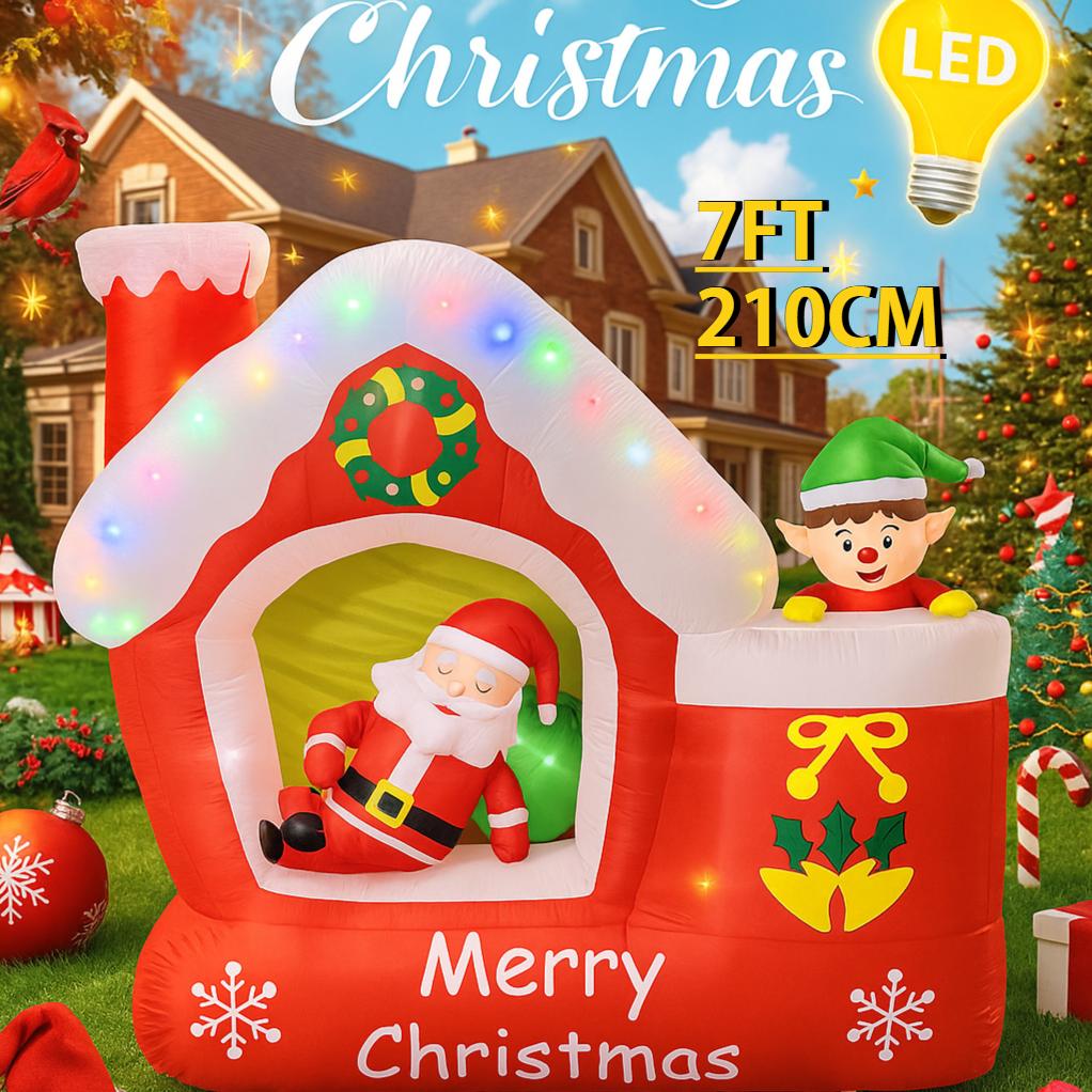

7FT Giant Holiday Lighting With LED Lights Christmas Inflatable Santa House Elf Xmas Yard Lawn Supplies Home Party Ornaments EU Plug