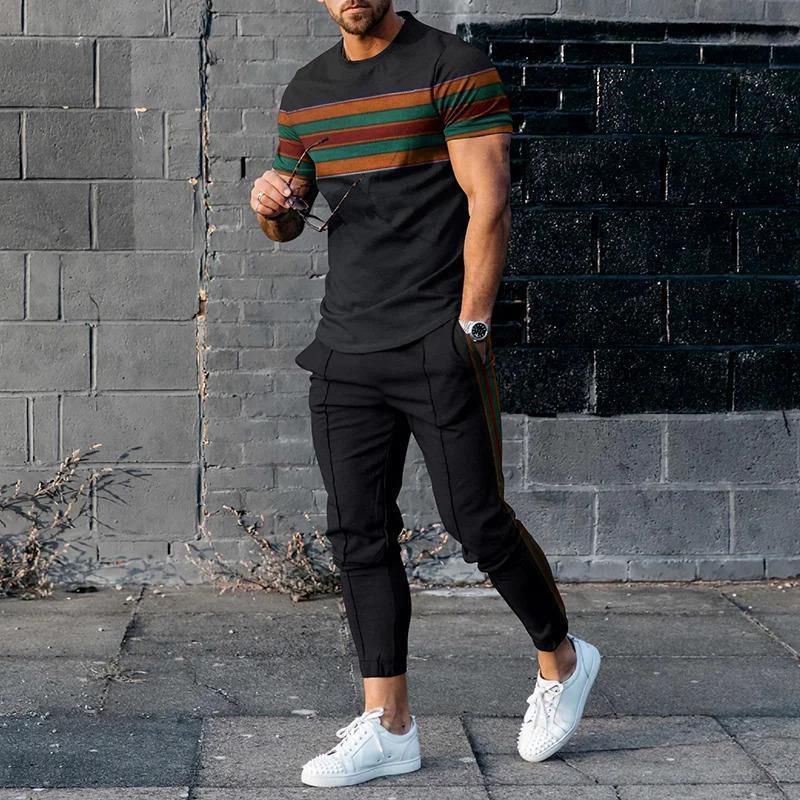 Sommer Männlichen Lose Beiläufige Druck T-shirt Elastische Taille Hosen Set Männer Kurzarm Street Style Pullover T-shirt Jogginghose Homme