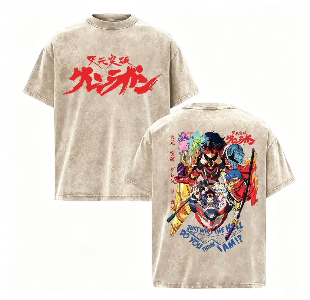 Vintage Washed Anime Tengen Toppa Gurren Lagann Graphic T Shirt Unisexs Oversized Harajuku Fashion Short Sleeve Tshirt Streetwear