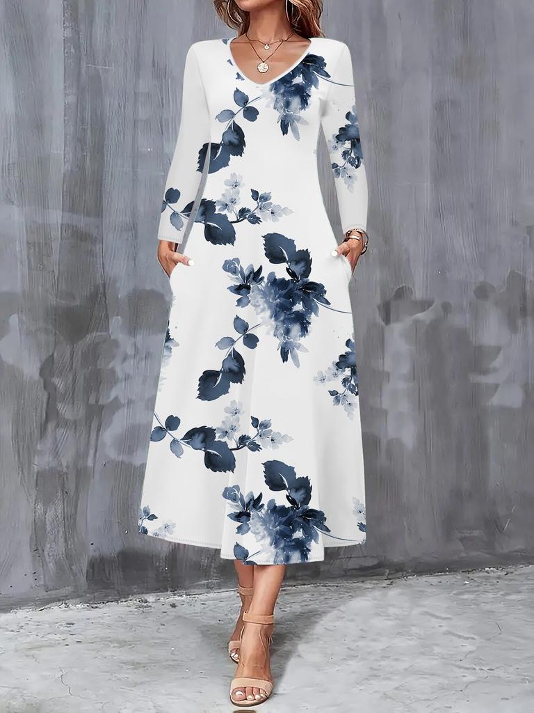 2025 Autumn and Winter New Women Casual Fashion Dress Autumn 3D Flower Print Long Sleeve V-Neck A-Line Dresses