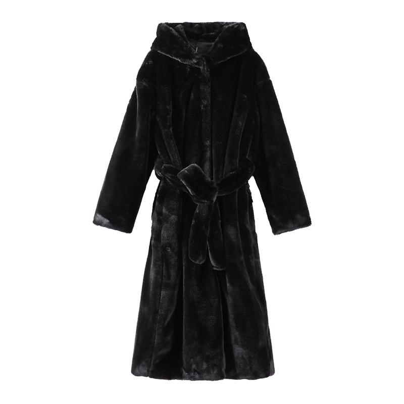Faux Fur Long Coats Women Hoodies Oversize Long Sleeve Button Lady Elegant Jacket with Belt Winter Warmer Female New Fashion