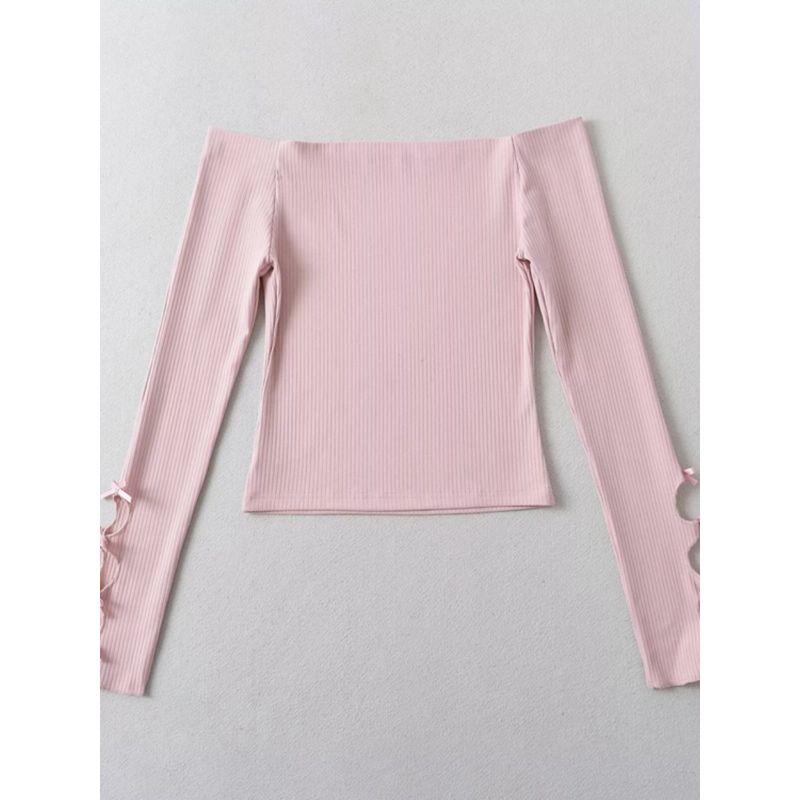 Za2024 Spring New Women's Clothing off-Shoulder Cut Out Design Silm off-Shoulder Long Sleeves Cuff Bow Top
