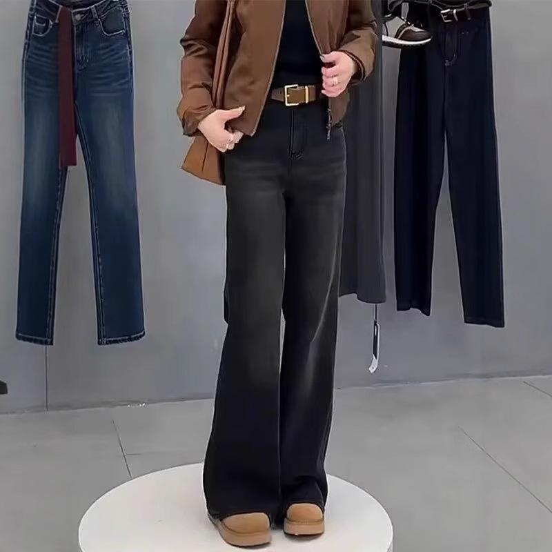 Women's High Waist Black Micro-Flared Jeans, Plus Size, Elastic, Slimming, Floor-Length – 2025 Autumn Collection.