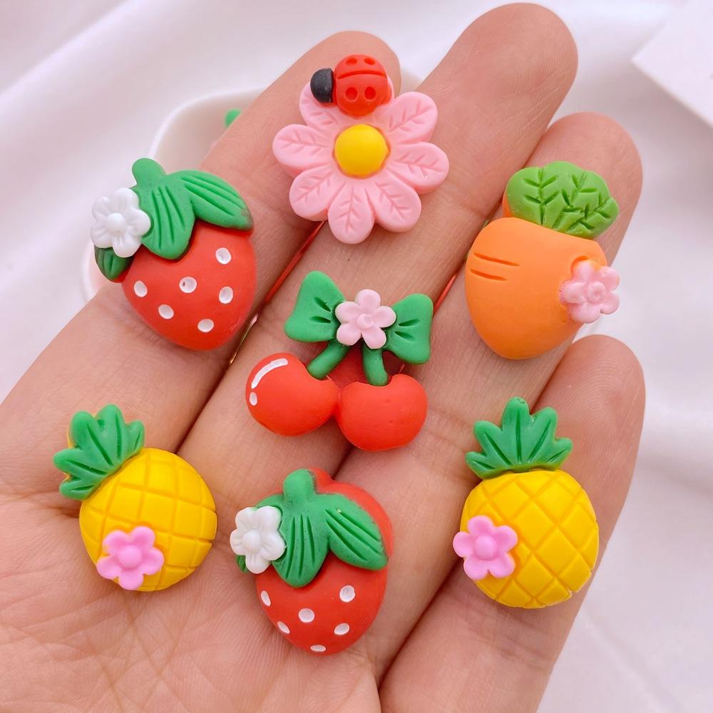 10Pcs New Cute Resin Cartoon Strawberry, Cherry, Radish, Pineapple Series Flat Back Manicure Parts Embellishments For Hair Bows