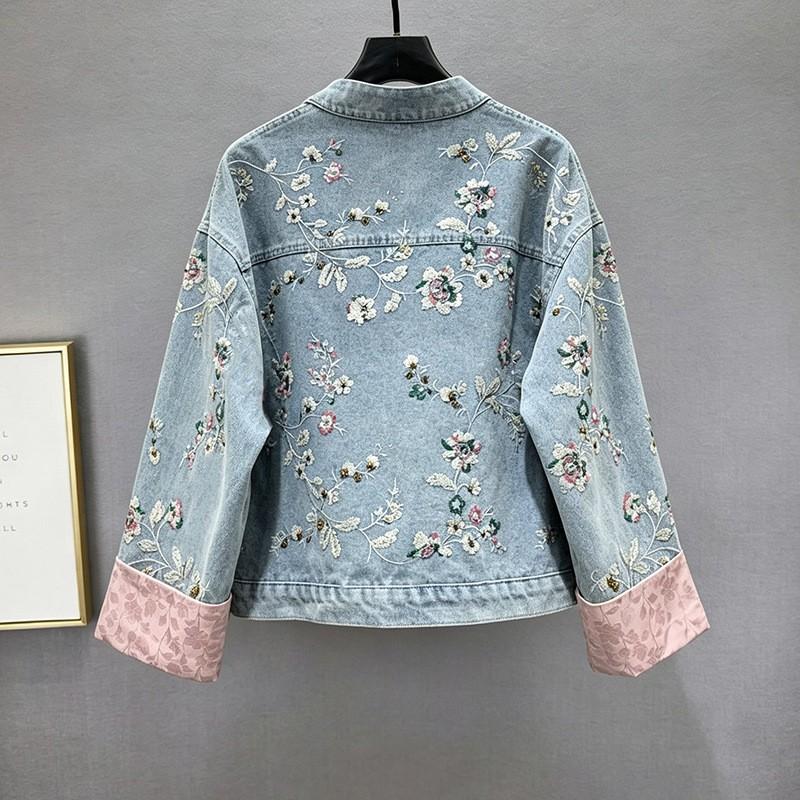 2026 Womens Vintage Denim Jacket Heavy Embroidery 3D Print Streetwear Loose Fit
