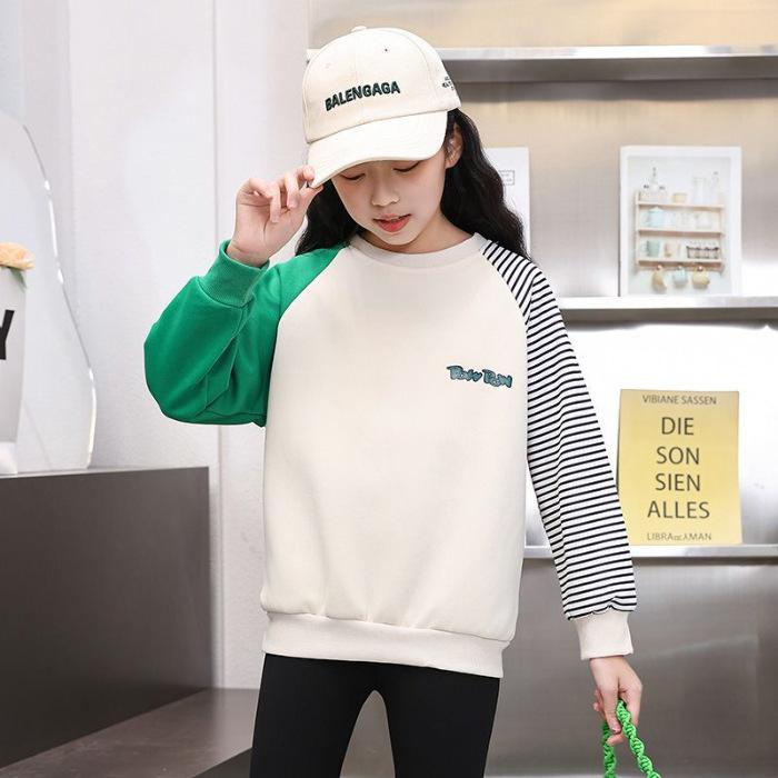 Girls Striped Block Sweatshirt Casual Loose Cartoon Top For Spring Autumn Middle Big Kids Fashion Long Sleeve Shirt