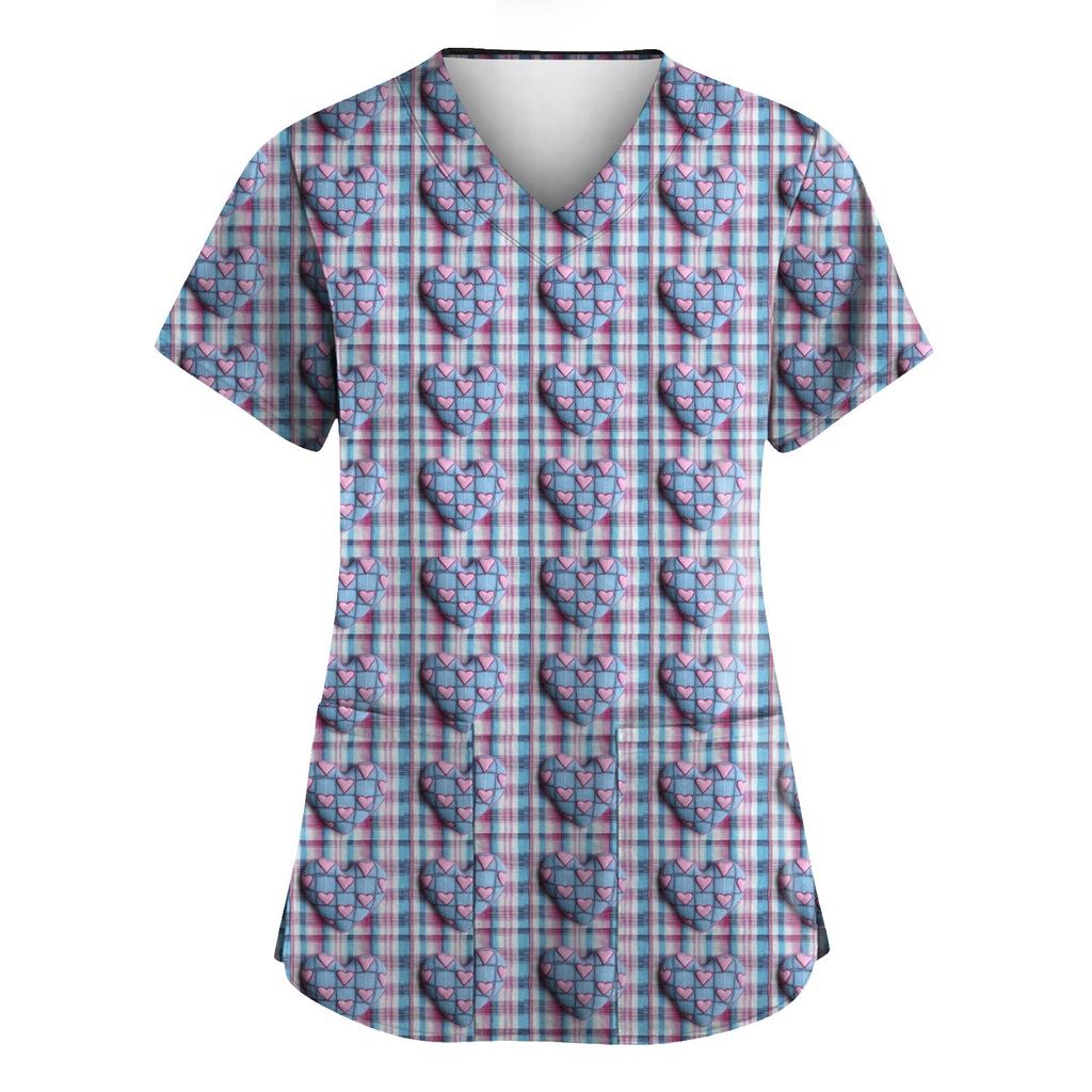 Women's Valentine's Day Printed  Uniform Work Uniform V-Neck Pocket Protective Uniform