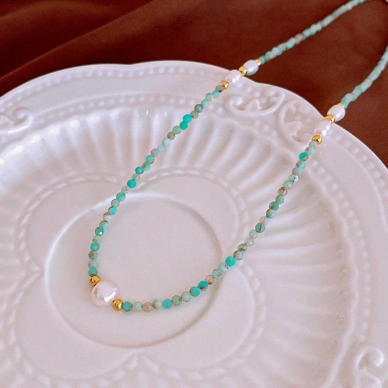 Vergoldete Amazonit- & Perlenkette - Elegante Schlichte Schlüsselbeinkette, Vielseitiger High-End-Schmuck