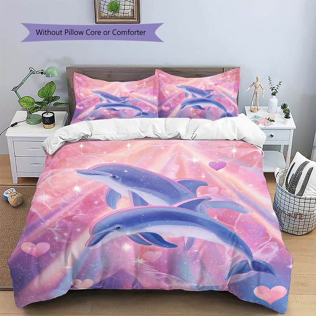 Kreslené Barevné Delfíní Vzor Povlečení Domácí Dekorace Narozeninový Dárek (1 * povlak na peřinu + 2 * povlak na polštář, bez jádra)