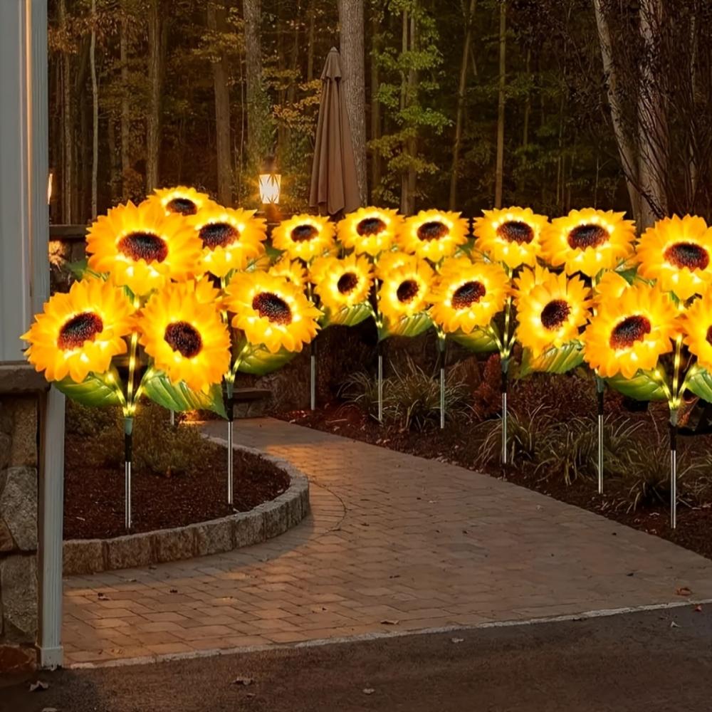 Solar Simulation Flower Lamp, Outdoor Decoration with 3 LED Sunflower Yellow Flower Lamp, Suitable for Courtyard, Villa, Lawn, Garden