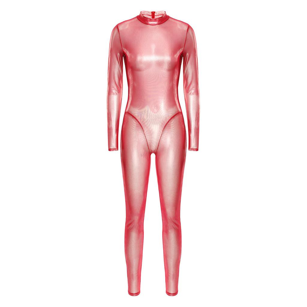 Dame Glinsende Metallisk Helkropps Unitard Langermet Høy Midje Leggings Stil Ryggglidelås Kattedrakt