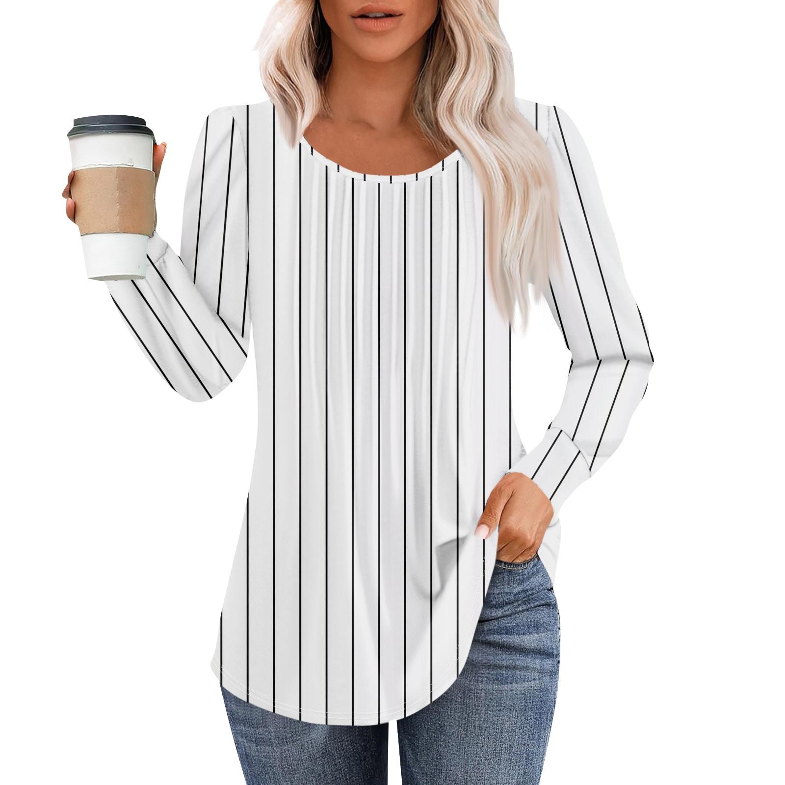 

Жіноча модна повсякденна плісирована футболка з круглим вирізом і принтом з довгими рукавами S білий