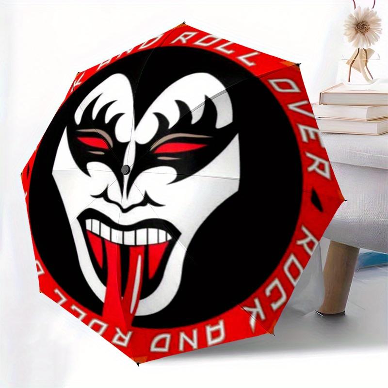 KISS Rock and Roll Naklejka na twarz Naklejka Parasol, Przenośny Kompaktowy Parasol Trójzłożony dla Mężczyzn i Kobiet Prezent