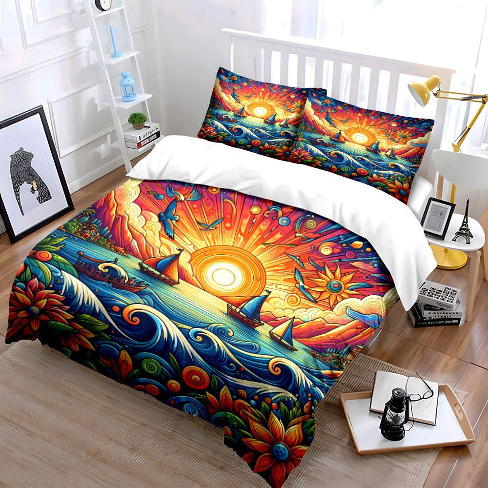 Sunset Ocean Sailing Decor Bedding Set with 1 Duvet Cover 2 Pillowcases Single Double King Queen, Gift