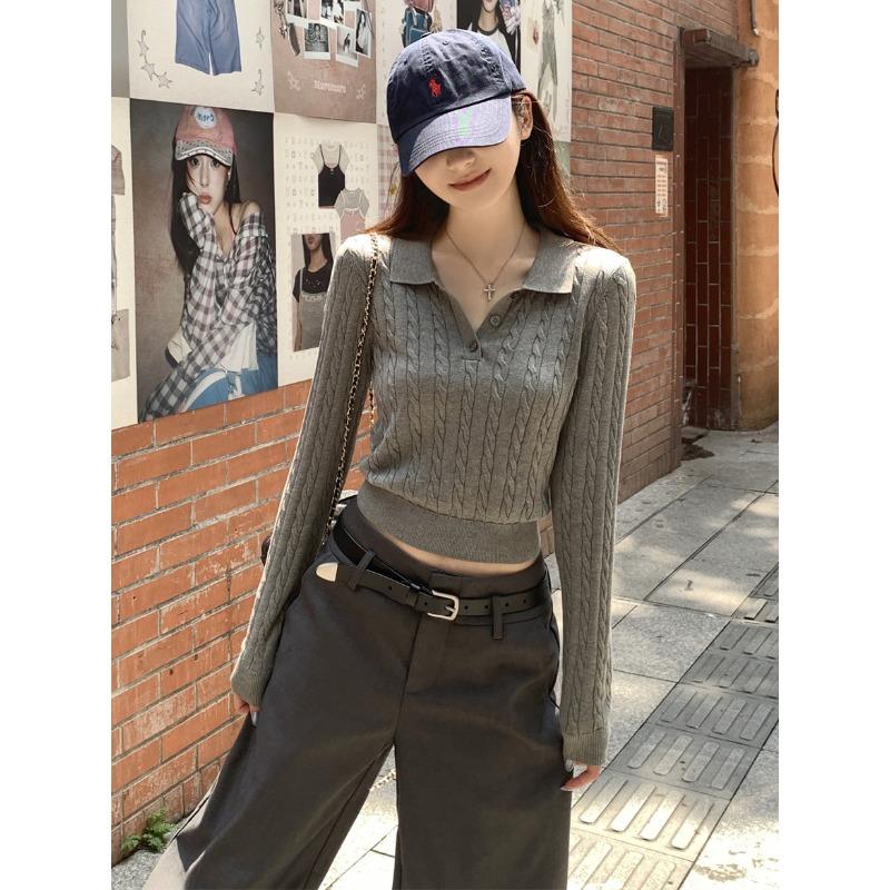 Vintage Twist Polo Collar Wool Knitted Sweater Autumn New Niche Primer Sweater Long Sleeve Short Top Women