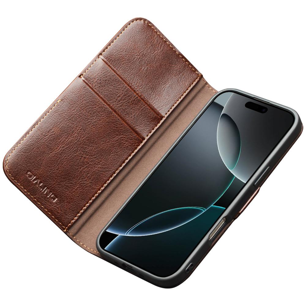 QIALINO For iPhone 17 Pro Max Case with Card Holder Genuine Cow Leather Stand Phone Cover