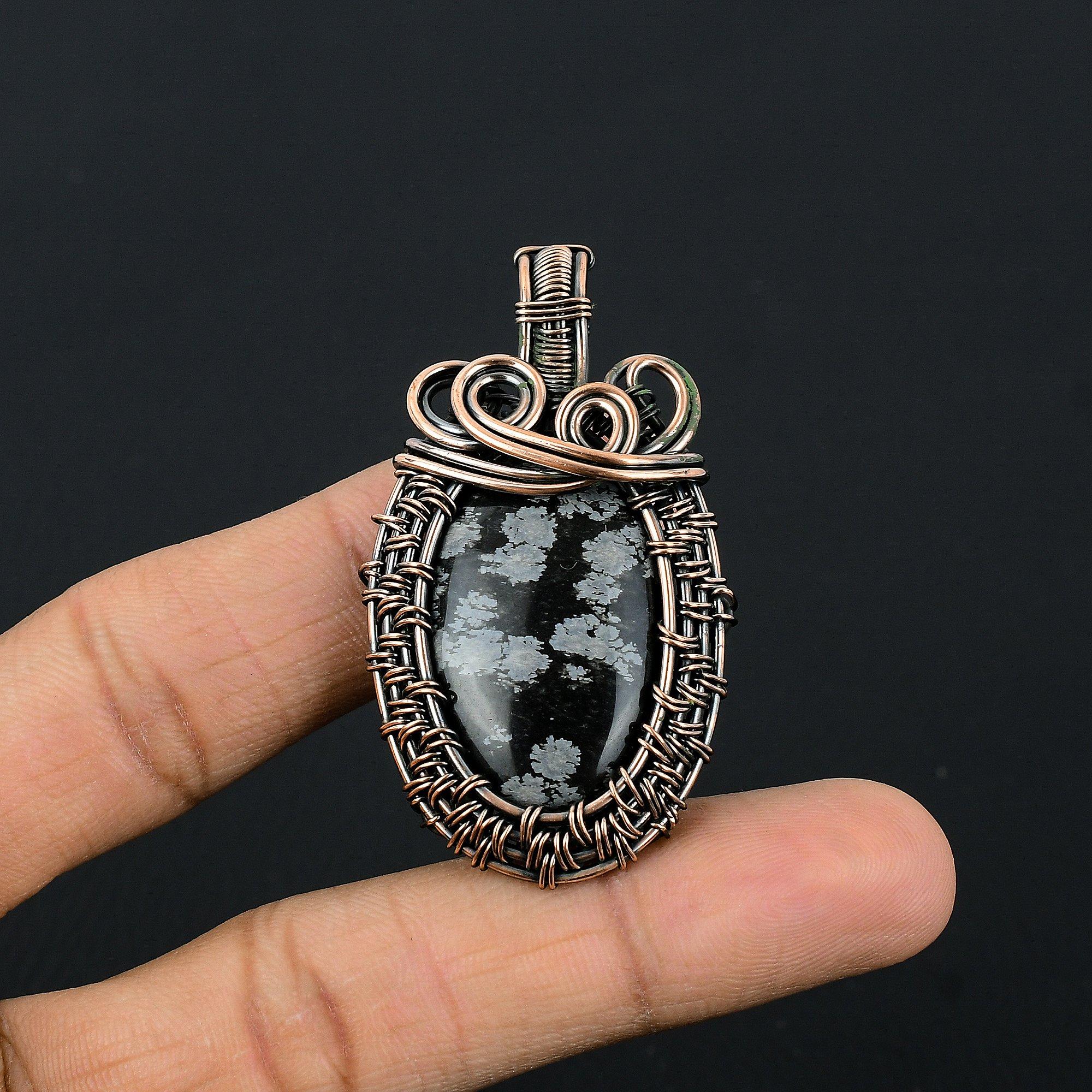 

Snowflake Obsidian Pendant, 999 Copper Wire Wrapped Gemstone Handmade Dainty Jewelry Pendant, For Her 2.55 Inches