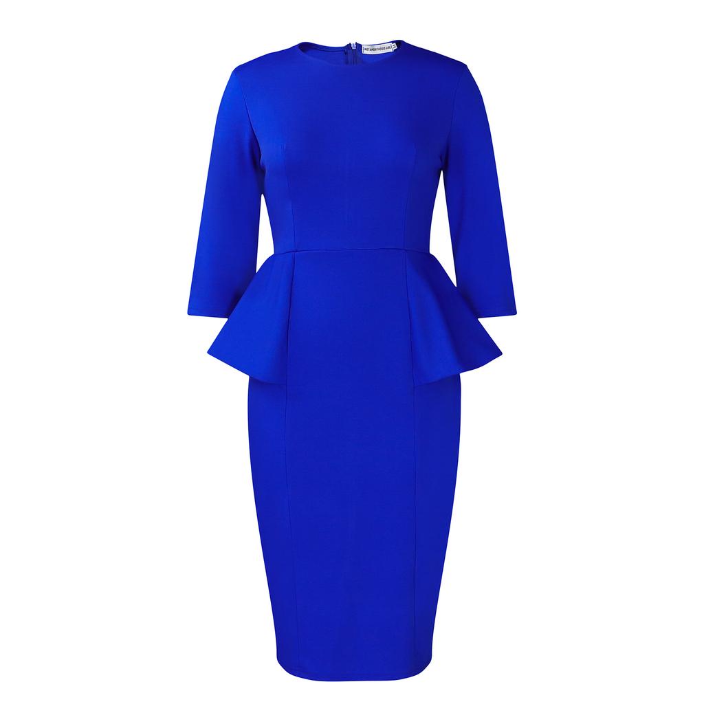 IHUASU Women's Spring Solid Color Round Neck Ruffled Edge Round Hip OL 3/4 Sleeves O-Neck High Waist Dress