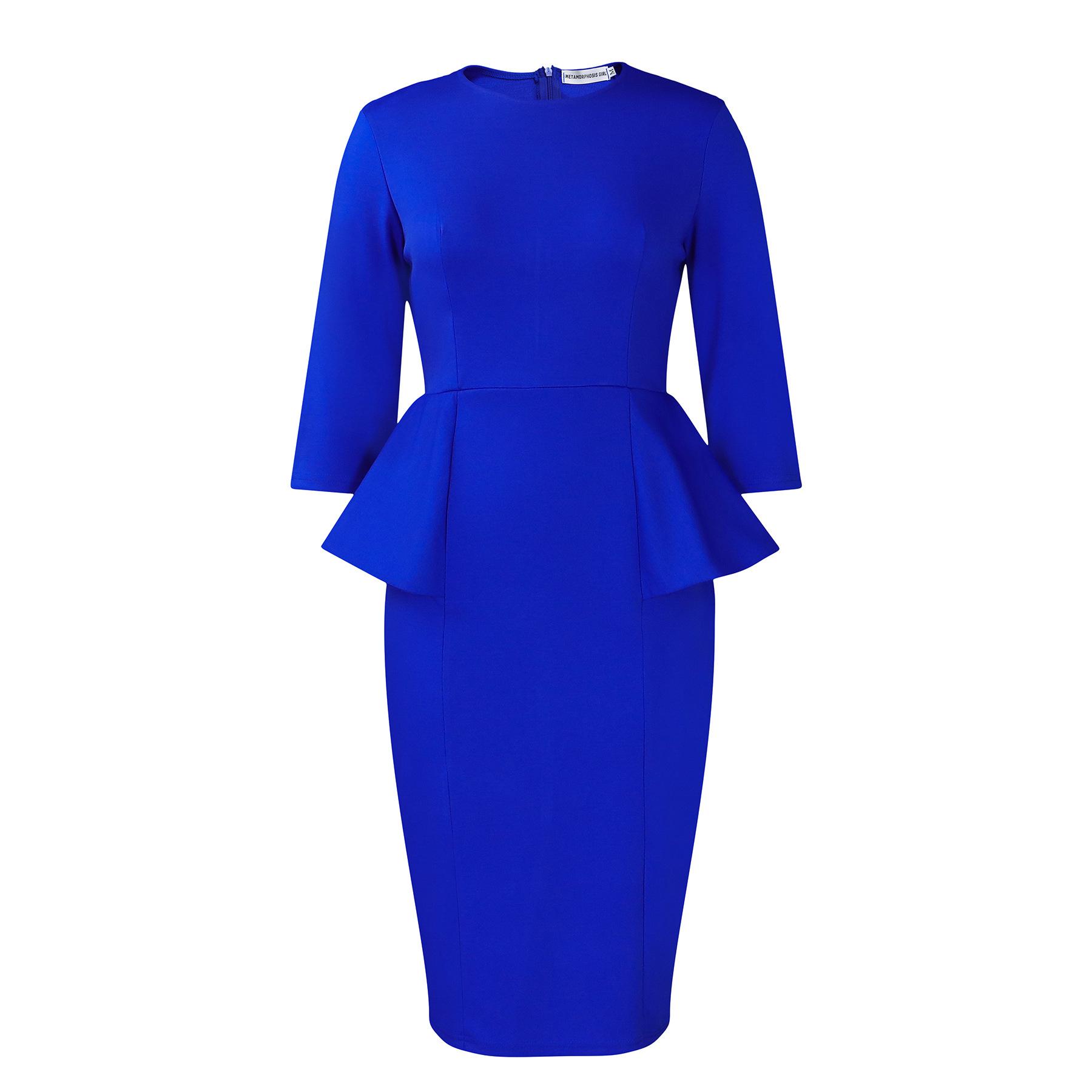 

Женское платье больших размеров, весенне-осеннее однотонное платье с круглым вырезом и оборками, профессиональные платья на бедрах 3XL сапфир синий