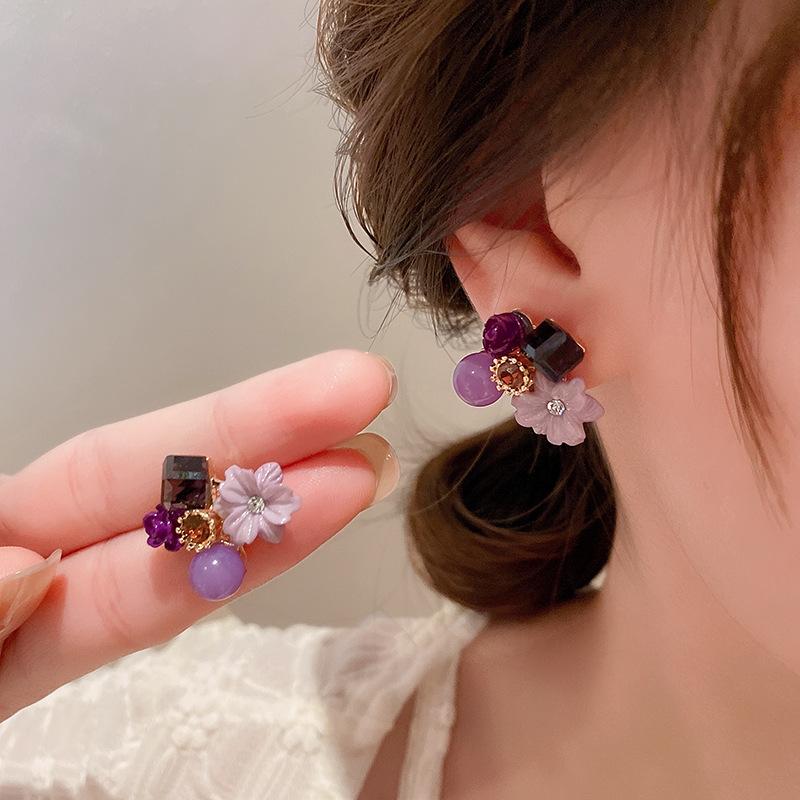 Taro Purple Flower Stud Earrings for Women Crystal Round Ball Mini Earrings Cute Girls Earrings Fashion Ear Jewelry brincos