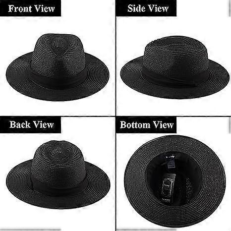 Straw Hat Ladies Summer Beach Sun Hat Wide Brim Fedora, Black