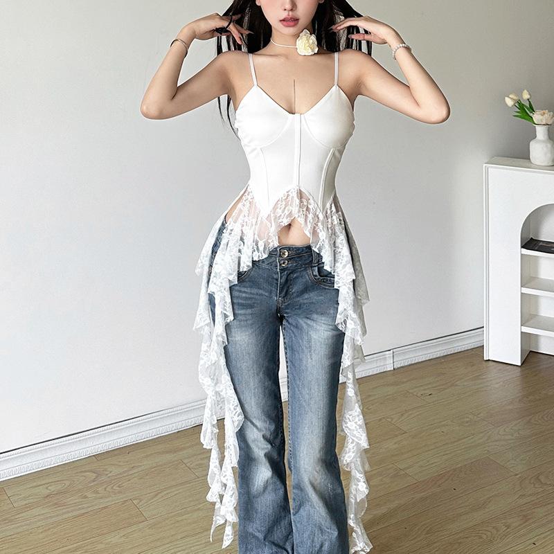 

Летние женские укороченные топы Y2k, женский топ-майка без рукавов с асимметричными оборками, кружевной низ, облегающие майки, топы, рубашки, уличная одежда M