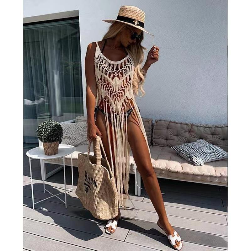 

Beach Tassel Vacation Crochet Sexy Bikini Blouse Hand Hook Knitted Hollow Bohemian Versatile Suspender Skirt One size fits all абрикосовий