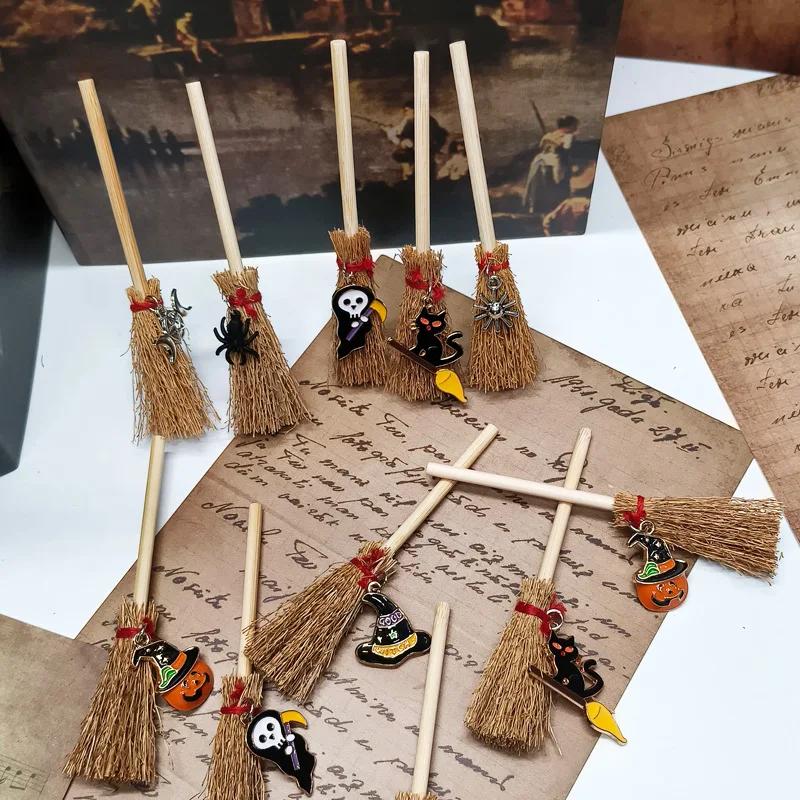 Mini Broom Decorations Red Rope Lightweight Straw Brooms Hangings Decorations for Costume Party Halloween Party Ghost Pumpkin