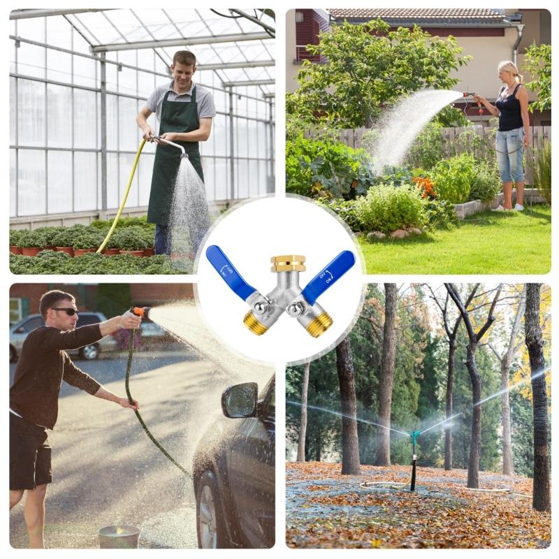 Garden Hose Branch Coupler with Separate Shut Off Handles, Brass Ends and Metal Body for Outdoor Faucet Water Use Across the Yard Daily