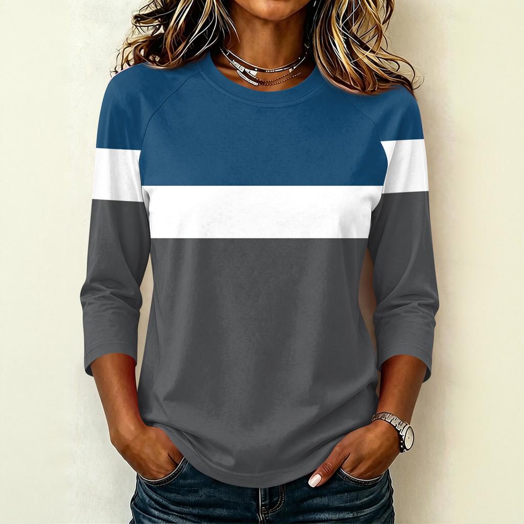 Women's Raglan Sleeve T-Shirt, Round Neck Three-Quarter Sleeve Striped Color-Block Pullover Top