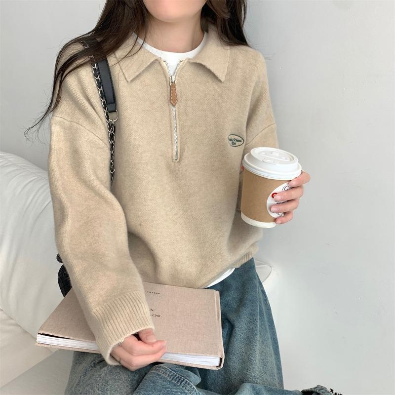 Soft waxy polo lapel college style top women's autumn and winter new outer long-sleeved half-zipper sweater knitted sweater